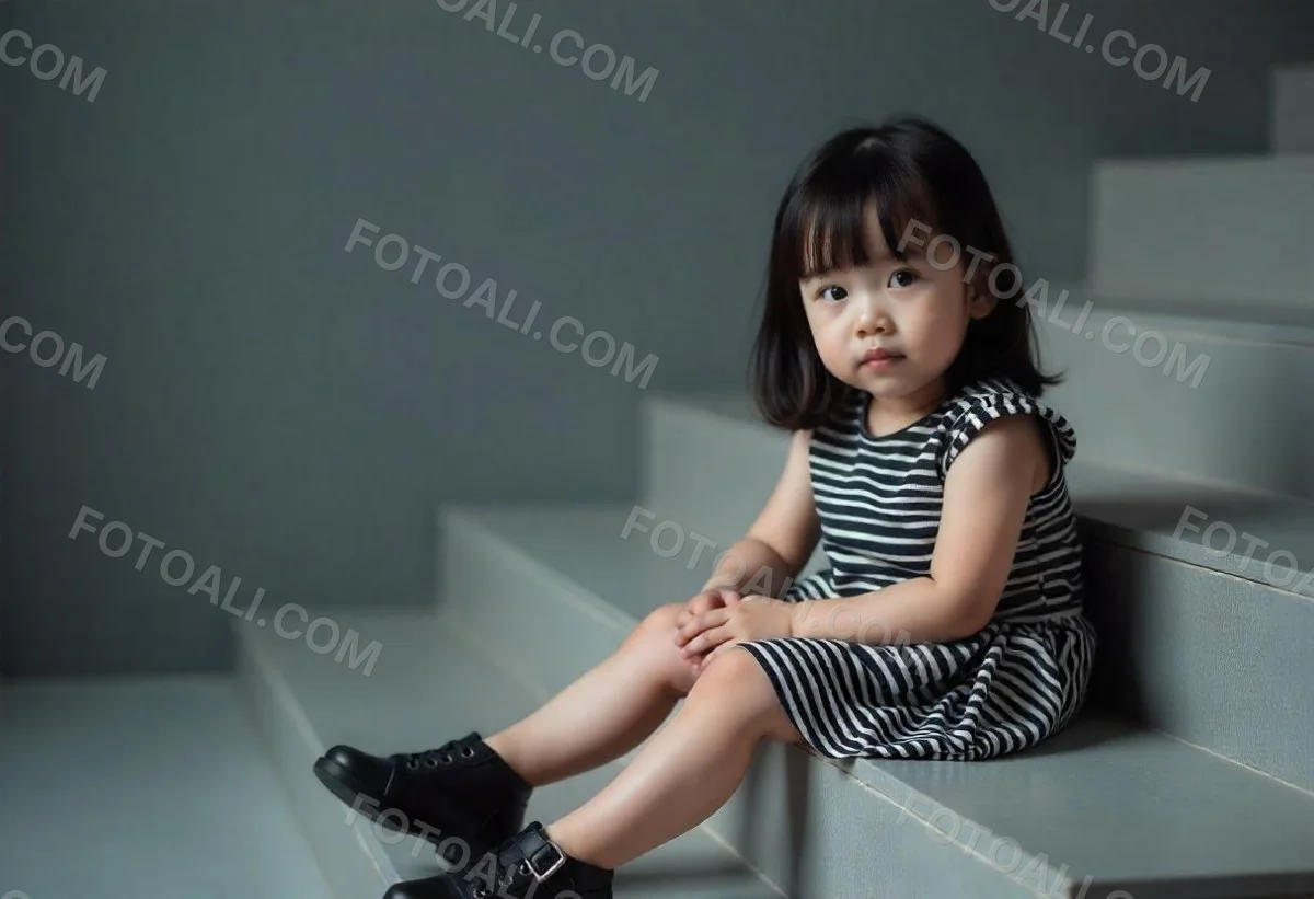 An Asian Girl 6 Years Old Black Hair Sitting On Gray Stairs Wearing A Striped Dress And Black Shoes Gray Background 17 E579