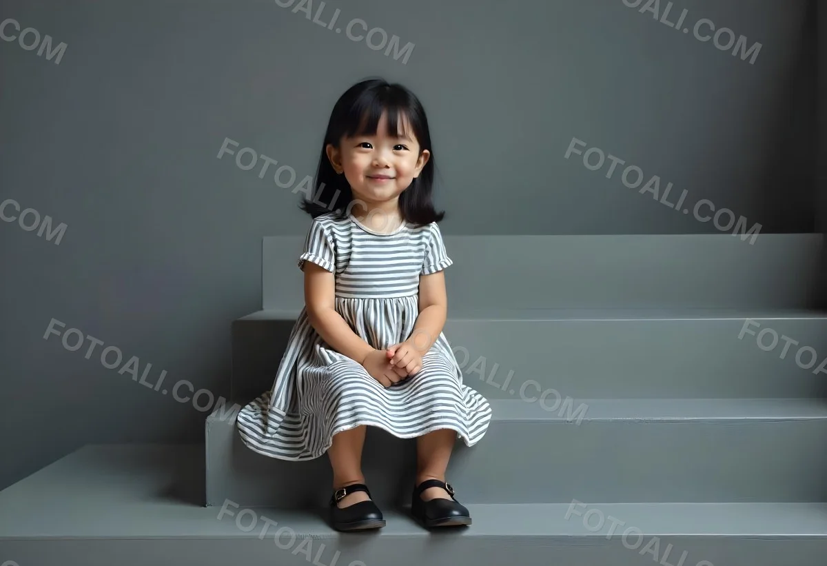 An Asian Girl 6 Years Old Black Hair Sitting On Gray Stairs Wearing A Striped Dress And Black Shoes Gray Background 18 272e