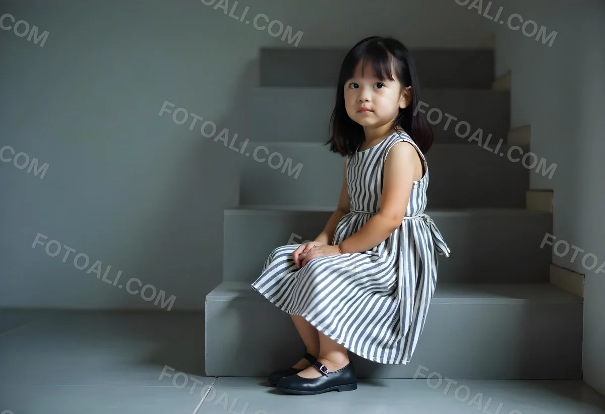 An Asian Girl 6 Years Old Black Hair Sitting On Gray Stairs Wearing A Striped Dress And Black Shoes Gray Background 2 C1f3