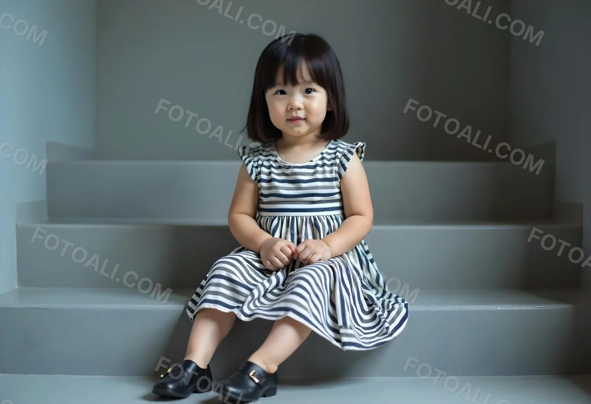 An Asian Girl 6 Years Old Black Hair Sitting On Gray Stairs Wearing A Striped Dress And Black Shoes Gray Background 21 5fb6