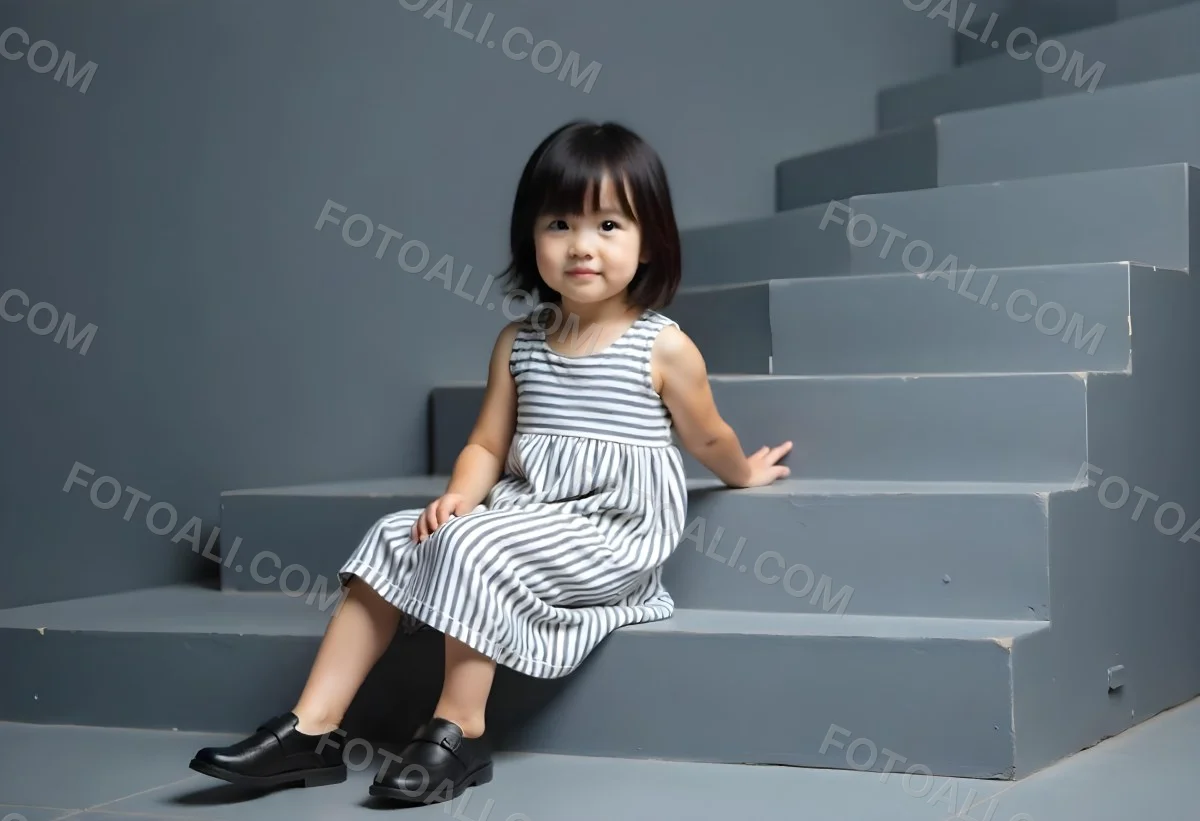 An Asian Girl 6 Years Old Black Hair Sitting On Gray Stairs Wearing A Striped Dress And Black Shoes Gray Background 27 A4c8
