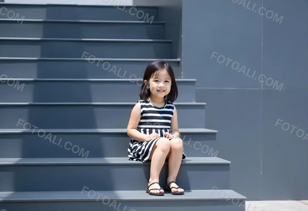 An Asian Girl 6 Years Old Black Hair Sitting On Gray Stairs Wearing A Striped Dress And Black Shoes Gray Background 29 16e9