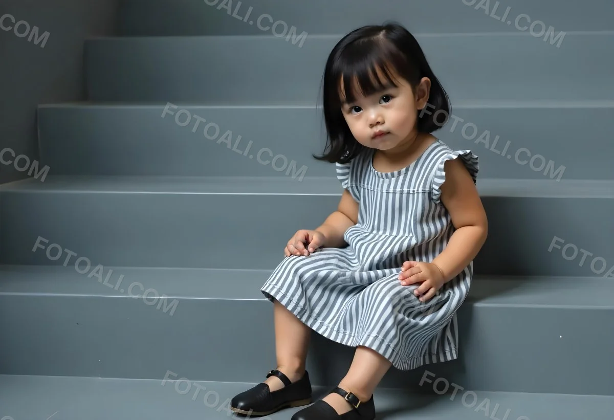 An Asian Girl 6 Years Old Black Hair Sitting On Gray Stairs Wearing A Striped Dress And Black Shoes Gray Background 3 4487