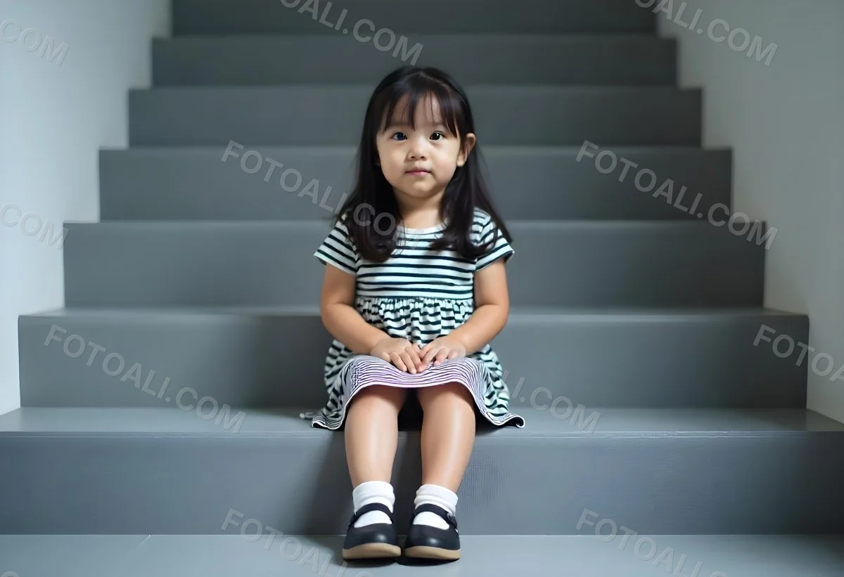 An Asian Girl 6 Years Old Black Hair Sitting On Gray Stairs Wearing A Striped Dress And Black Shoes Gray Background 31 89d6