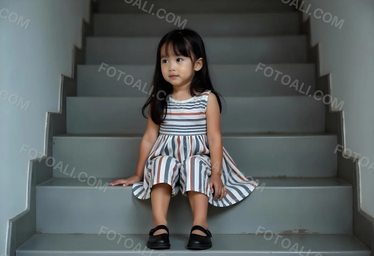 An Asian Girl 6 Years Old Black Hair Sitting On Gray Stairs Wearing A Striped Dress And Black Shoes Gray Background 32 7991