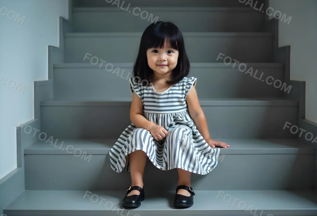 An Asian Girl 6 Years Old Black Hair Sitting On Gray Stairs Wearing A Striped Dress And Black Shoes Gray Background 33 6f7e