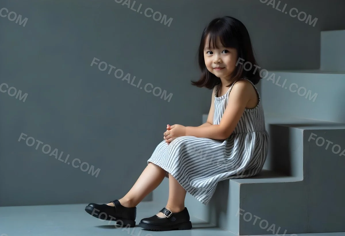 An Asian Girl 6 Years Old Black Hair Sitting On Gray Stairs Wearing A Striped Dress And Black Shoes Gray Background 34 8653
