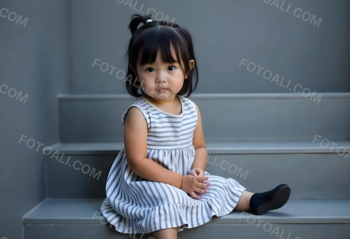 An Asian Girl 6 Years Old Black Hair Sitting On Gray Stairs Wearing A Striped Dress And Black Shoes Gray Background 35 10c7