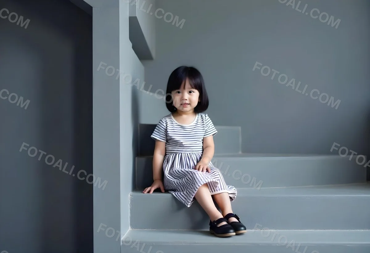 An Asian Girl 6 Years Old Black Hair Sitting On Gray Stairs Wearing A Striped Dress And Black Shoes Gray Background 36 A8b1