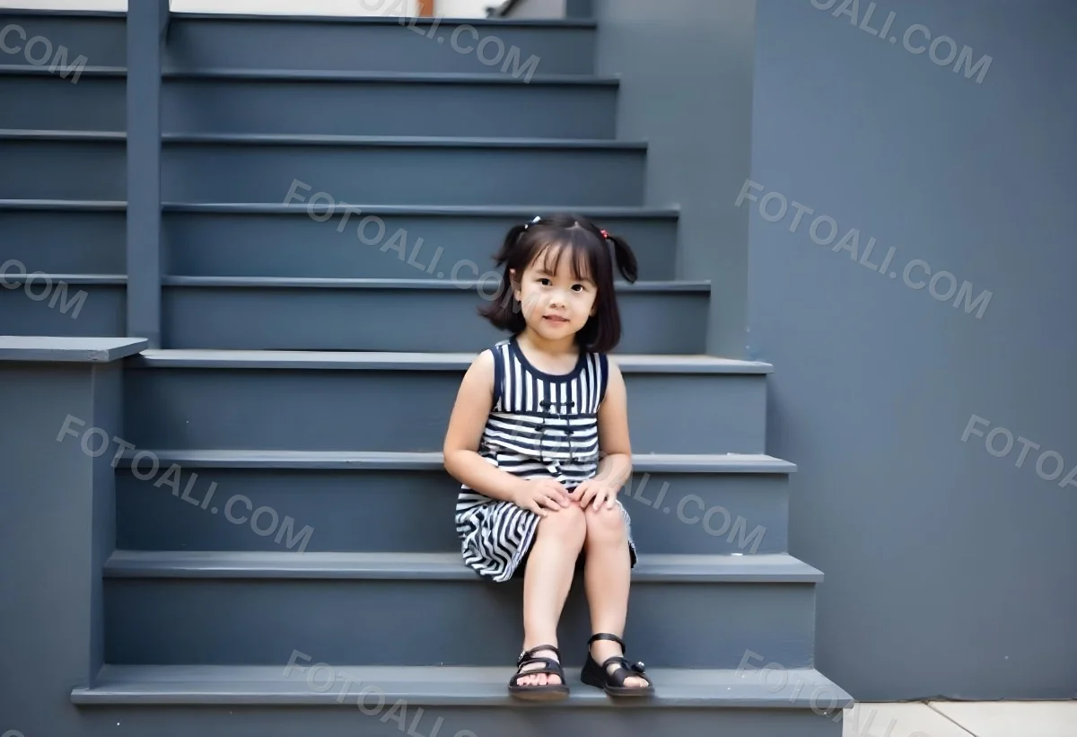 An Asian Girl 6 Years Old Black Hair Sitting On Gray Stairs Wearing A Striped Dress And Black Shoes Gray Background 37 437f
