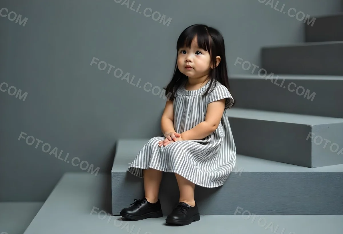 An Asian Girl 6 Years Old Black Hair Sitting On Gray Stairs Wearing A Striped Dress And Black Shoes Gray Background 4 18f6