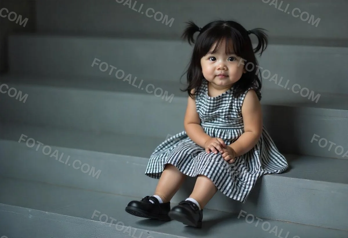 An Asian Girl 6 Years Old Black Hair Sitting On Gray Stairs Wearing A Striped Dress And Black Shoes Gray Background 5 22db