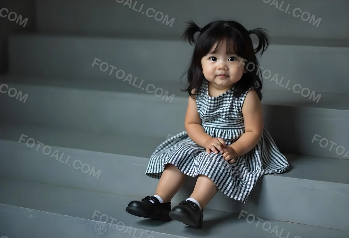 An Asian Girl 6 Years Old Black Hair Sitting On Gray Stairs Wearing A Striped Dress And Black Shoes Gray Background 6 929b