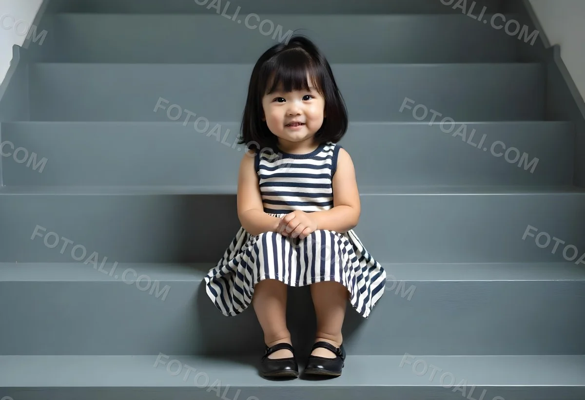 An Asian Girl 6 Years Old Black Hair Sitting On Gray Stairs Wearing A Striped Dress And Black Shoes Gray Background 8 018f