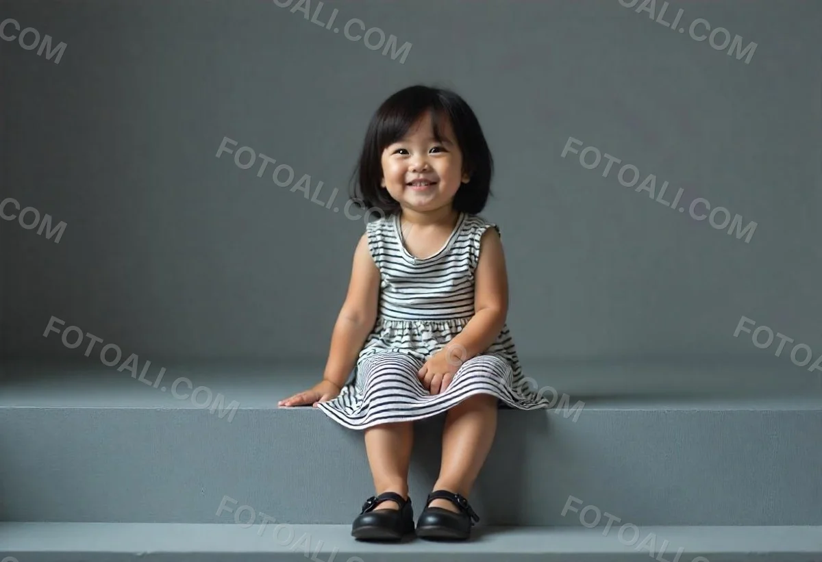An Asian Girl 6 Years Old Black Hair Sitting On Gray Stairs Wearing A Striped Dress And Black Shoes Gray Background 9 1740