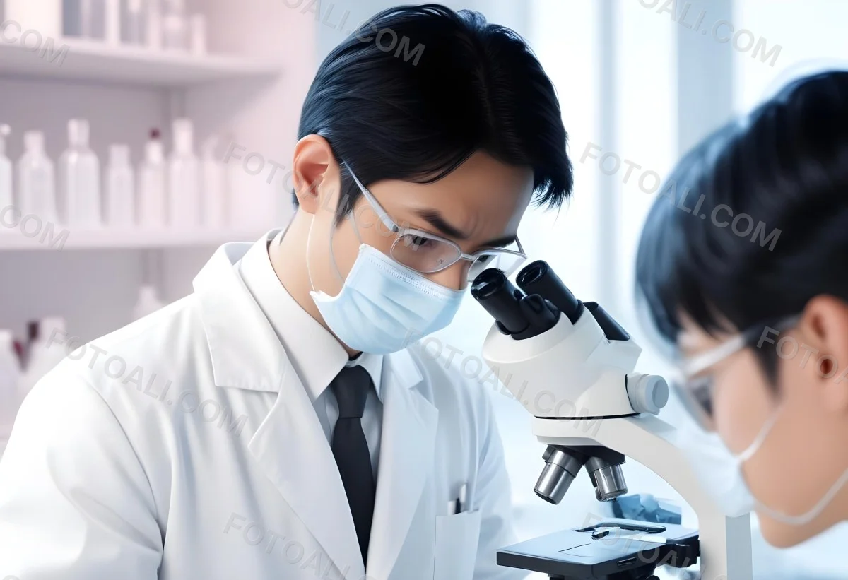 An Asian Man 35 Years Old With Black Hair Wearing A Lab Coat Safety Glasses And A Mask Looking Through A Microscope In A Laboratory 2 150d