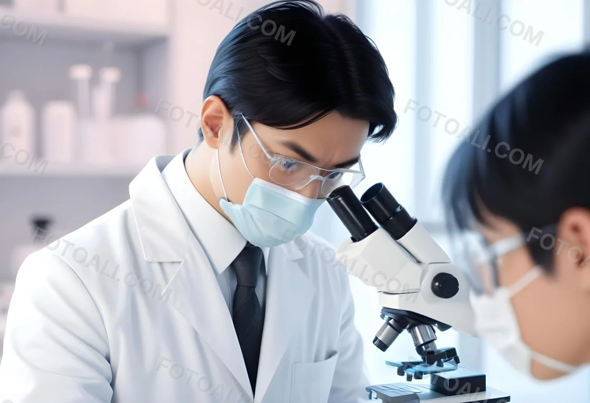 An Asian Man 35 Years Old With Black Hair Wearing A Lab Coat Safety Glasses And A Mask Looking Through A Microscope In A Laboratory 3 3574
