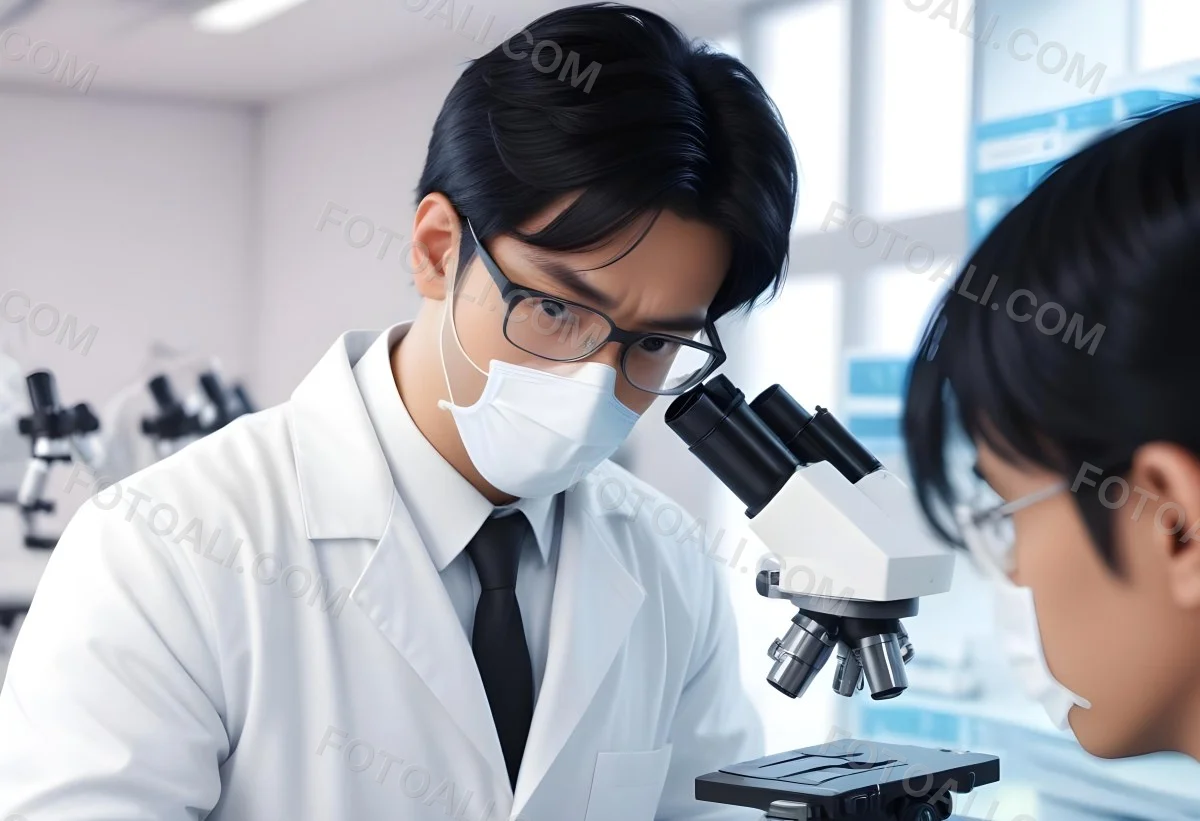An Asian Man 35 Years Old With Black Hair Wearing A Lab Coat Safety Glasses And A Mask Looking Through A Microscope In A Laboratory 4 90a8