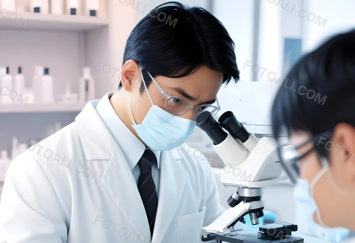 An Asian Man 35 Years Old With Black Hair Wearing A Lab Coat Safety Glasses And A Mask Looking Through A Microscope In A Laboratory 6 A7c3