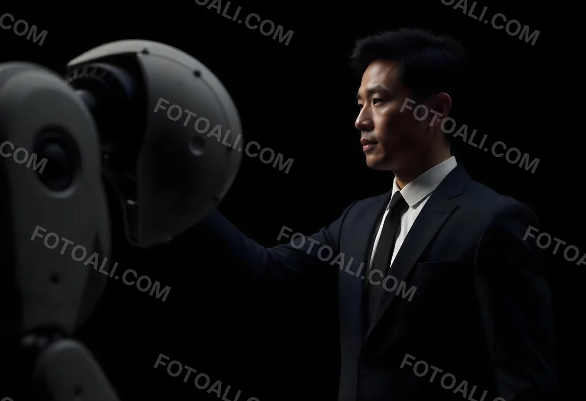An Asian Man 35 Years Old With Black Hair Wearing A Suit Reaching Out To A Robot Arm In A Black Background 1 165e