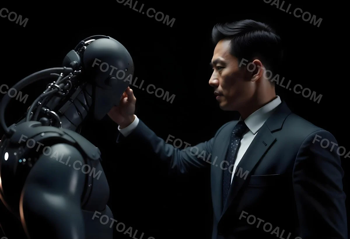 An Asian Man 35 Years Old With Black Hair Wearing A Suit Reaching Out To A Robot Arm In A Black Background 10 9e78