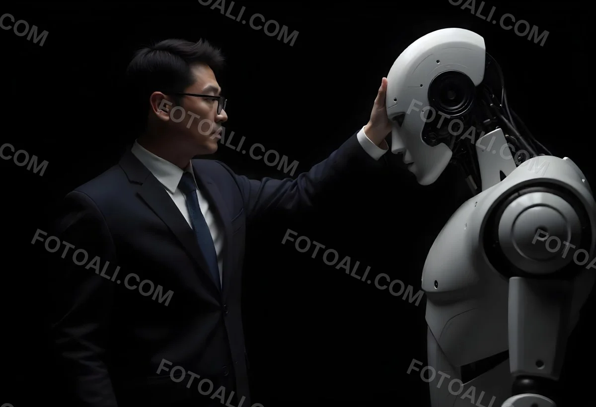 An Asian Man 35 Years Old With Black Hair Wearing A Suit Reaching Out To A Robot Arm In A Black Background 11 Cf1d