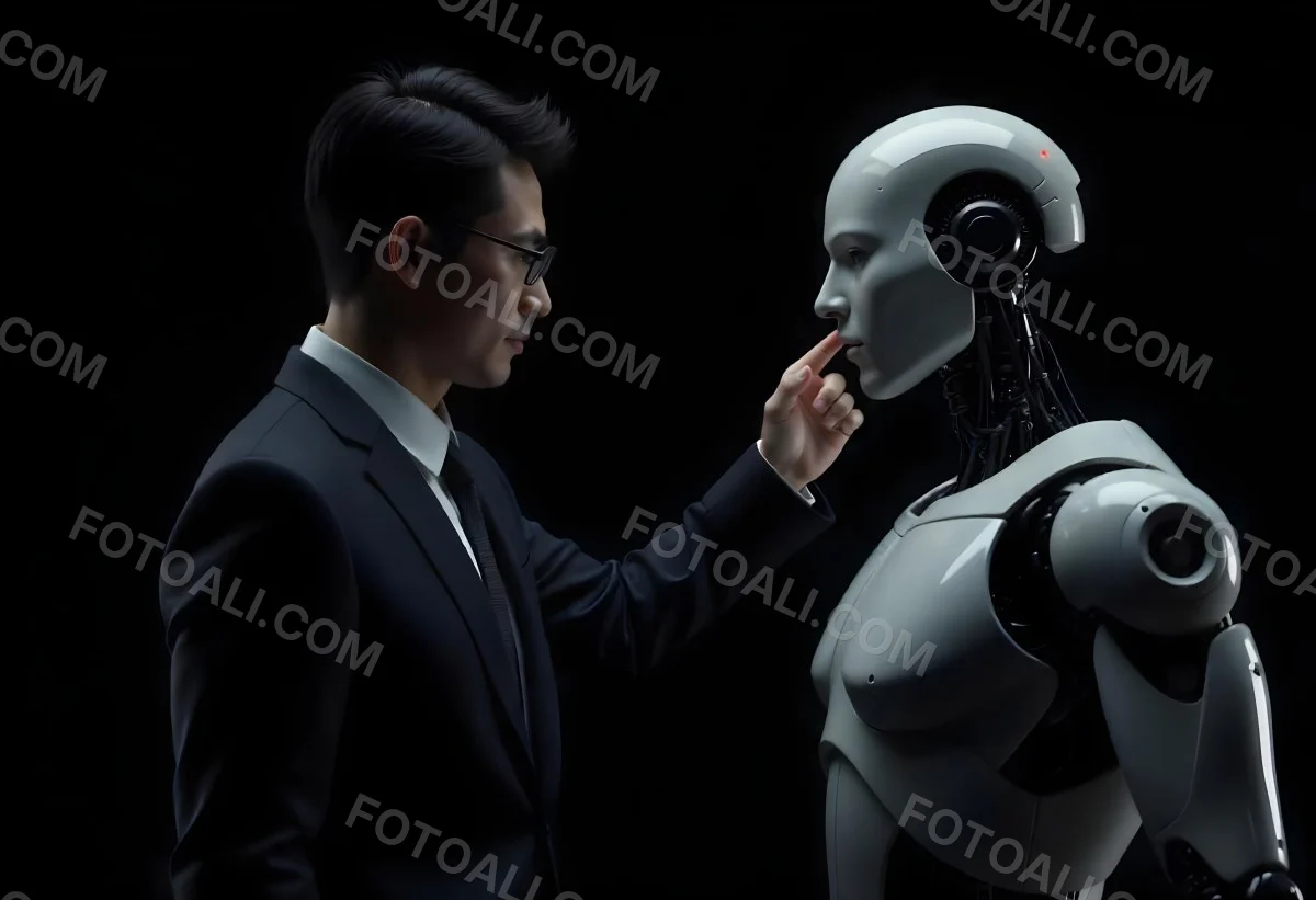 An Asian Man 35 Years Old With Black Hair Wearing A Suit Reaching Out To A Robot Arm In A Black Background 12 B619