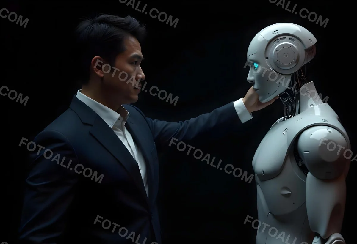 An Asian Man 35 Years Old With Black Hair Wearing A Suit Reaching Out To A Robot Arm In A Black Background 13 F14a