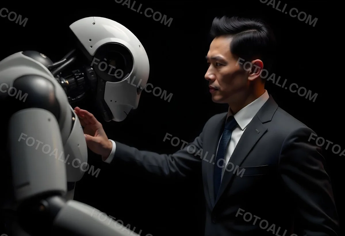 An Asian Man 35 Years Old With Black Hair Wearing A Suit Reaching Out To A Robot Arm In A Black Background 2 Ea22