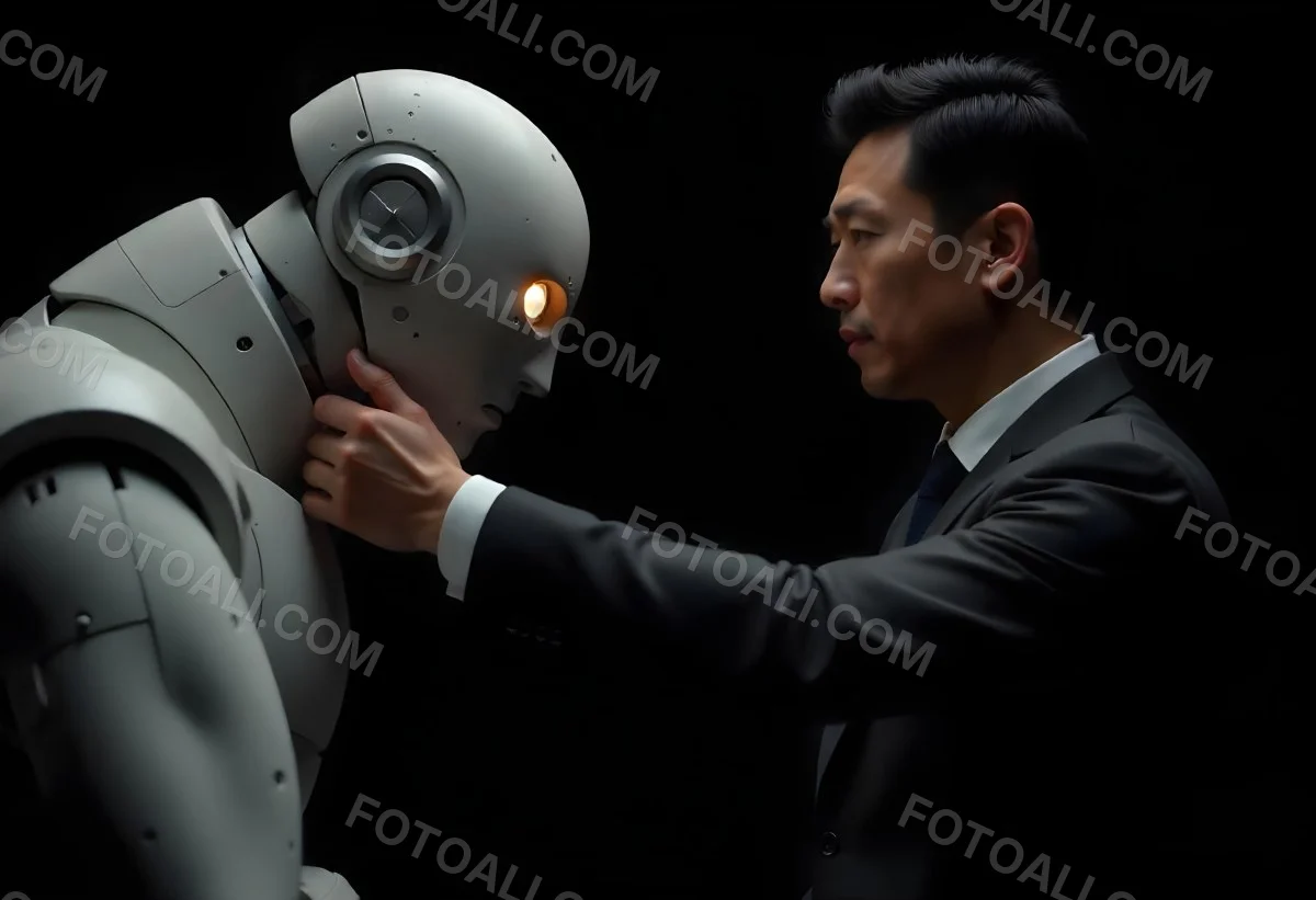 An Asian Man 35 Years Old With Black Hair Wearing A Suit Reaching Out To A Robot Arm In A Black Background 4 E39a