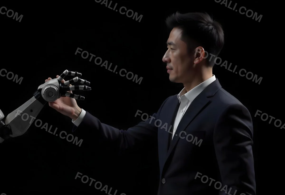 An Asian Man 35 Years Old With Black Hair Wearing A Suit Reaching Out To A Robot Arm In A Black Background 5 2cf4