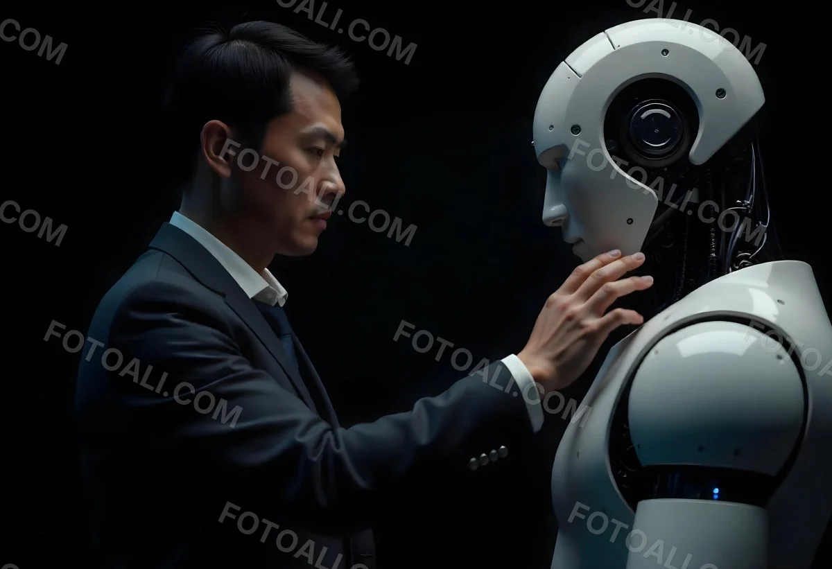 An Asian Man 35 Years Old With Black Hair Wearing A Suit Reaching Out To A Robot Arm In A Black Background 6 55b6