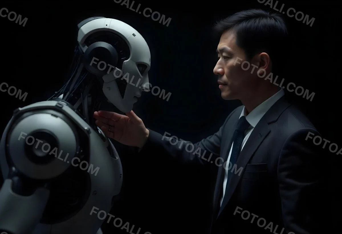 An Asian Man 35 Years Old With Black Hair Wearing A Suit Reaching Out To A Robot Arm In A Black Background 7 F854