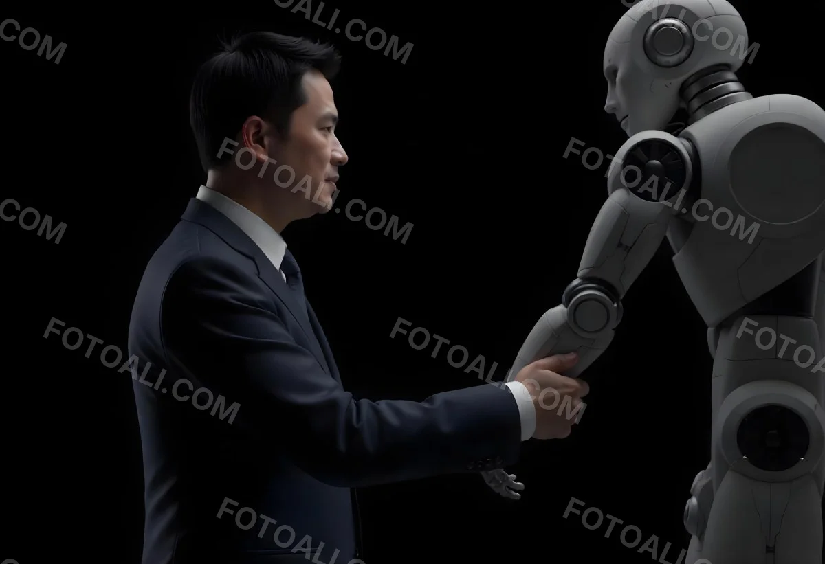 An Asian Man 35 Years Old With Black Hair Wearing A Suit Reaching Out To A Robot Arm In A Black Background 8 574b