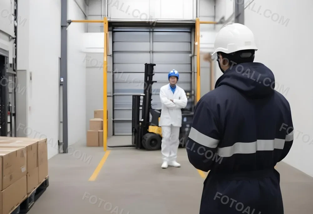 An Asian Man With A Blue Helmet And A White Coat In A Warehouse A Forklift With A Person Is In The Background 2 4a7d
