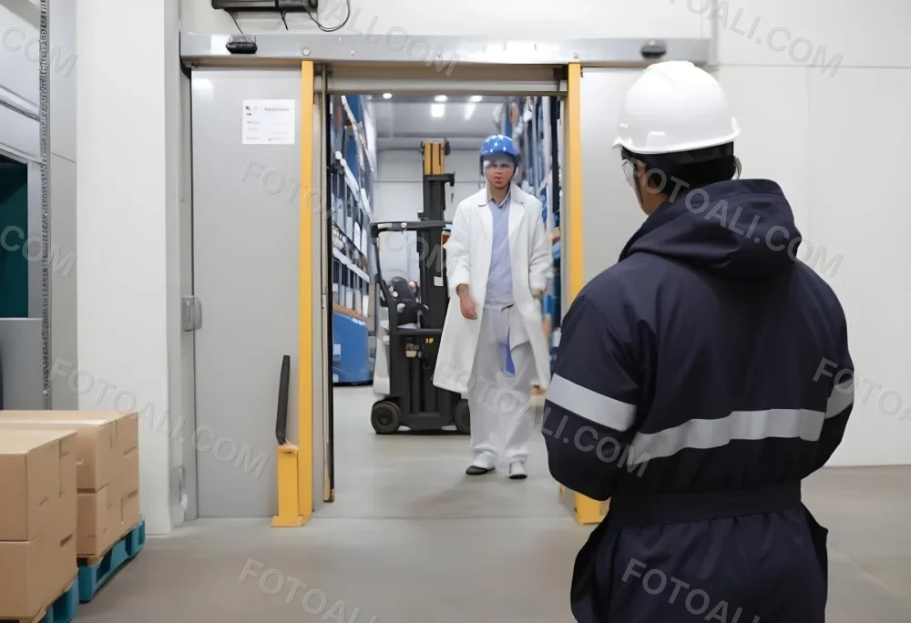 An Asian Man With A Blue Helmet And A White Coat In A Warehouse A Forklift With A Person Is In The Background 3 15b3