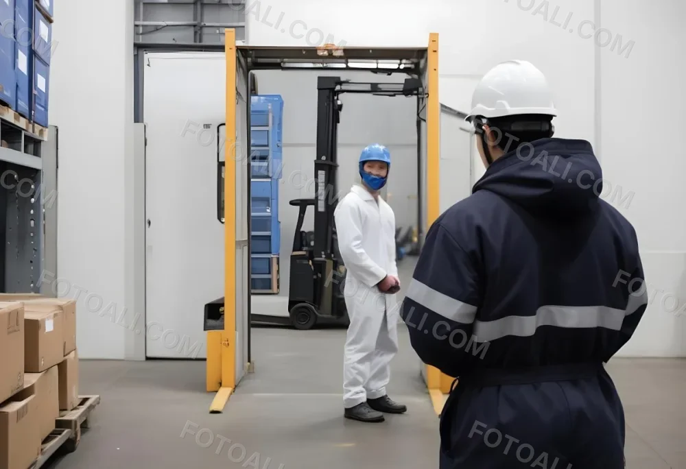 An Asian Man With A Blue Helmet And A White Coat In A Warehouse A Forklift With A Person Is In The Background 4 8e5a