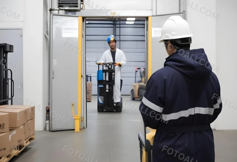 An Asian Man With A Blue Helmet And A White Coat In A Warehouse A Forklift With A Person Is In The Background 5 1b1f