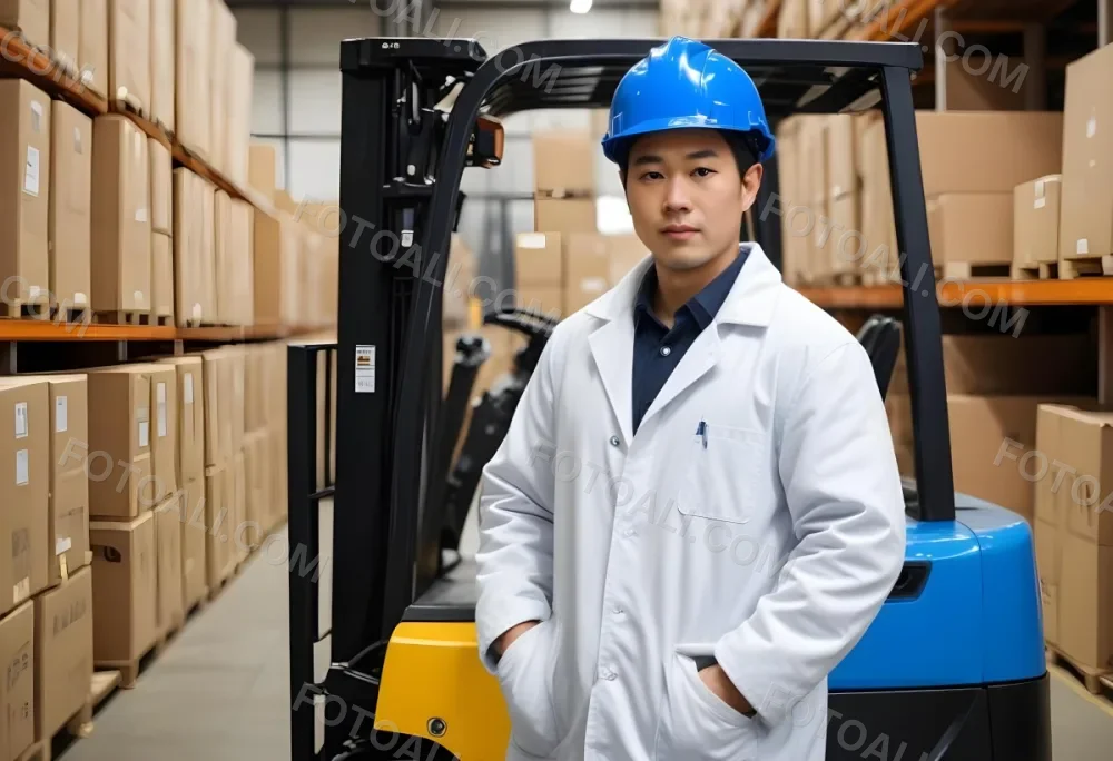 An Asian Man With A Blue Helmet And A White Coat In A Warehouse A Forklift With A Person Is In The Background 6 C1e8