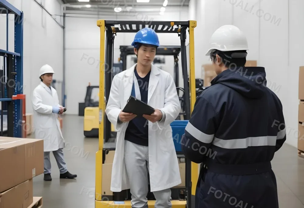 An Asian Man With A Blue Helmet And A White Coat In A Warehouse A Forklift With A Person Is In The Background 7 0196