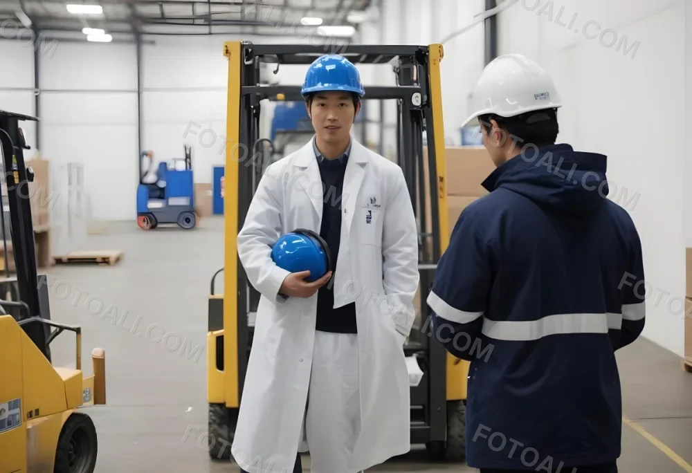 An Asian Man With A Blue Helmet And A White Coat In A Warehouse A Forklift With A Person Is In The Background 9 1236