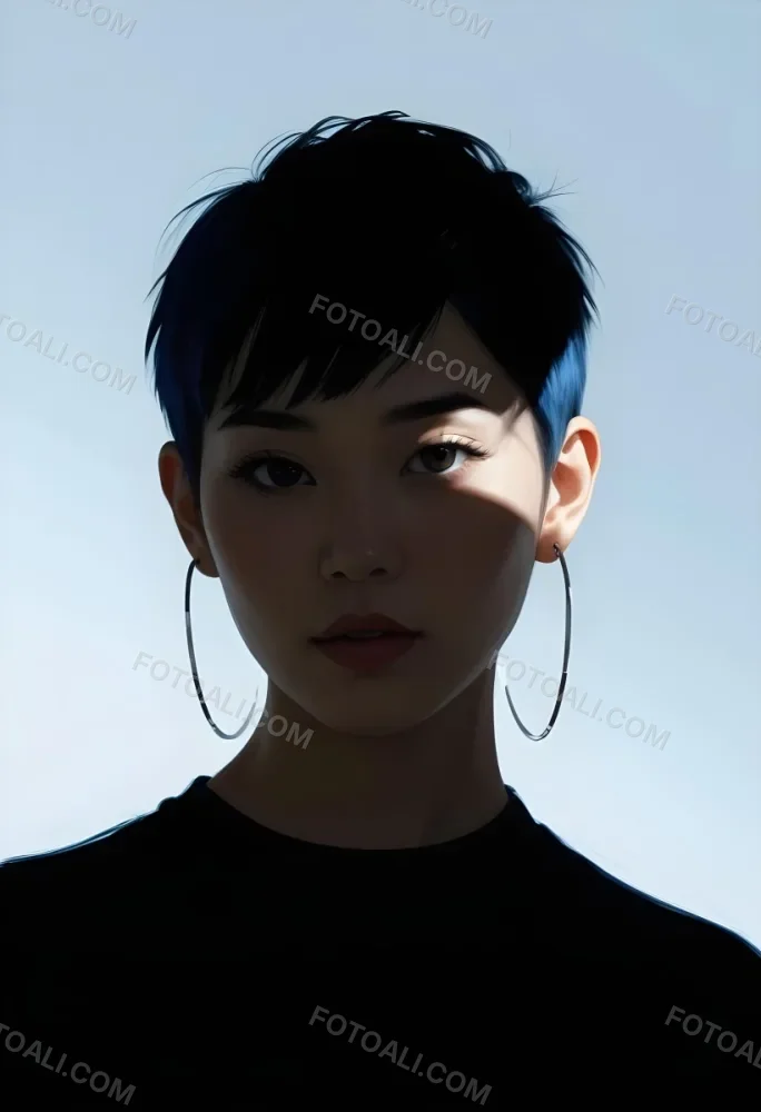 An Asian Woman 23 Years Old With Short Blue Hair And Hoop Earrings Half Of The Face Is In The Shadows Light Blue Background 16 4340 6639