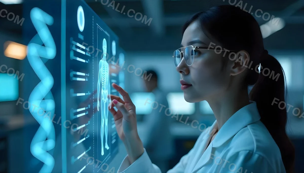 An Asian Woman 28 Years Old Black Hair Wearing Futuristic Glasses Looking At A Hologram With A Human Body Dna And Brain In A Laboratory 1 Dc3d