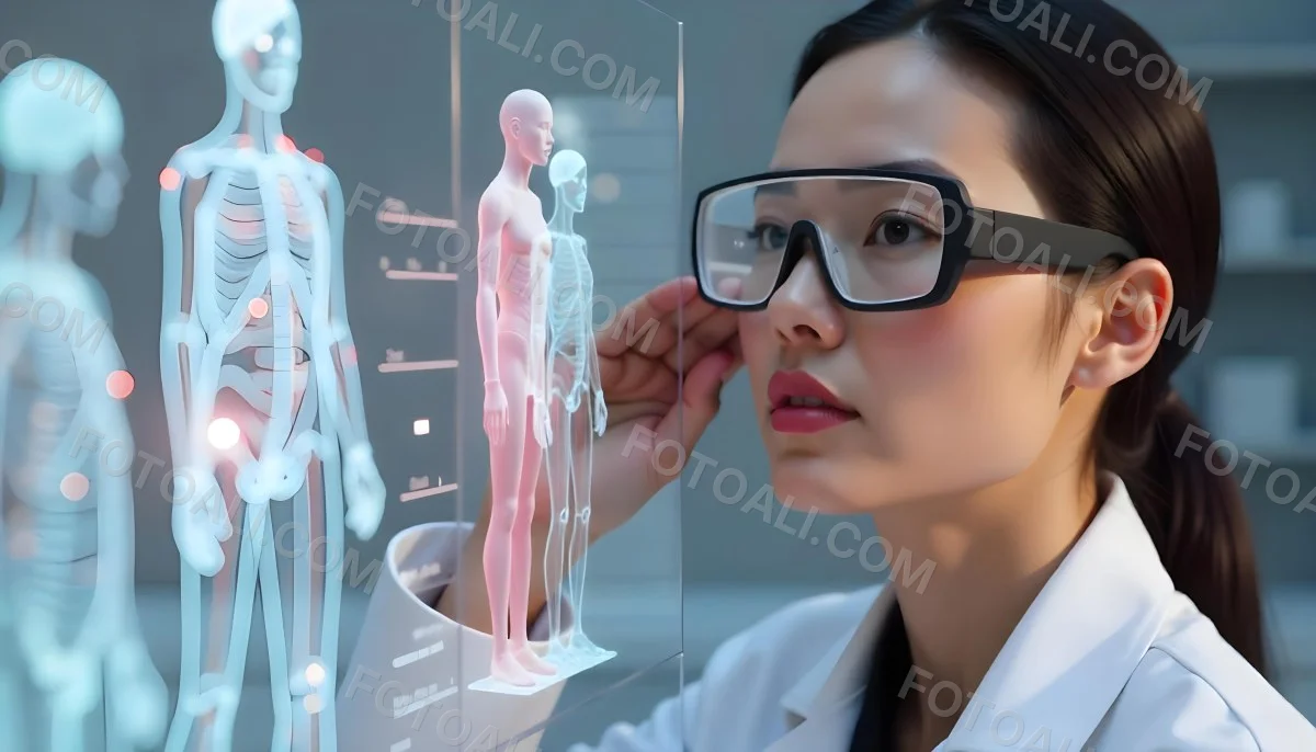An Asian Woman 28 Years Old Black Hair Wearing Futuristic Glasses Looking At A Hologram With A Human Body Dna And Brain In A Laboratory 10 E9c1