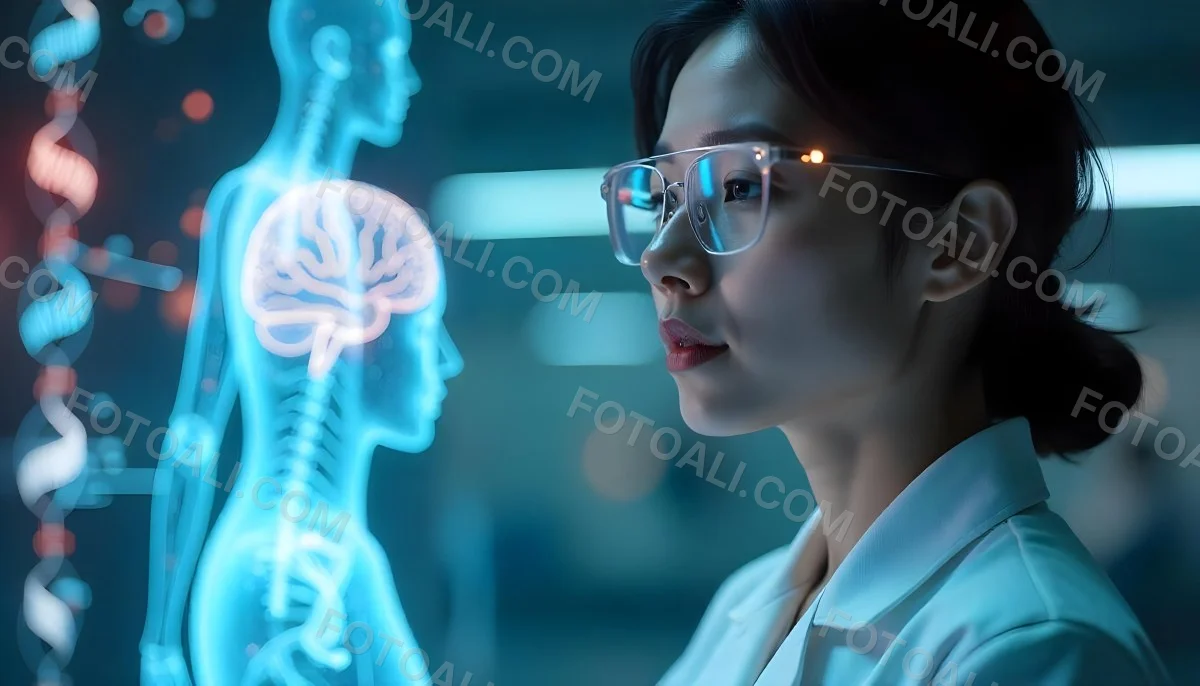 An Asian Woman 28 Years Old Black Hair Wearing Futuristic Glasses Looking At A Hologram With A Human Body Dna And Brain In A Laboratory 11 3e50