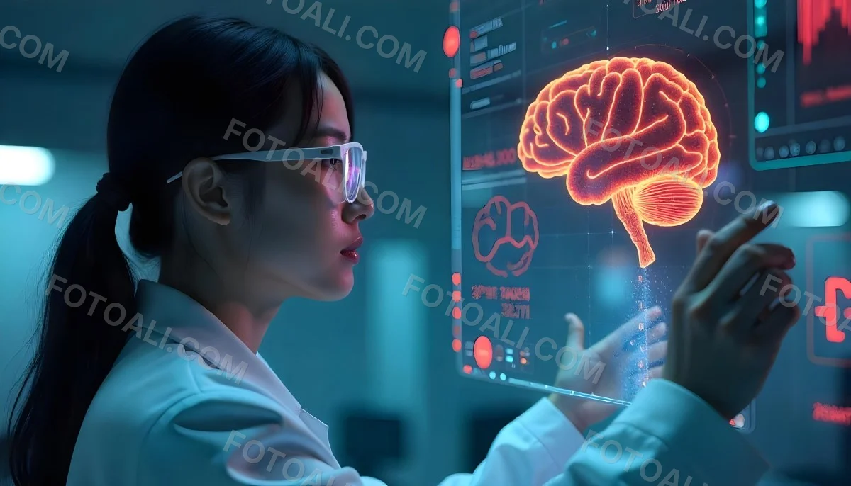 An Asian Woman 28 Years Old Black Hair Wearing Futuristic Glasses Looking At A Hologram With A Human Body Dna And Brain In A Laboratory 12 Bd0e