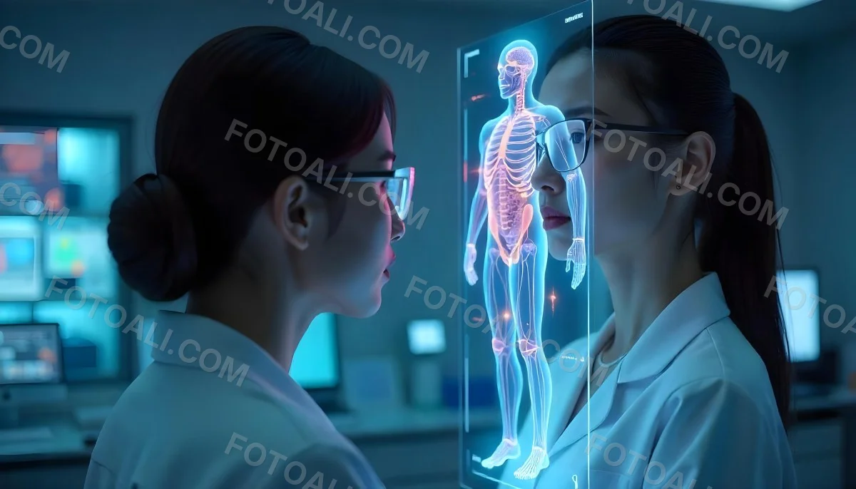 An Asian Woman 28 Years Old Black Hair Wearing Futuristic Glasses Looking At A Hologram With A Human Body Dna And Brain In A Laboratory 13 819b