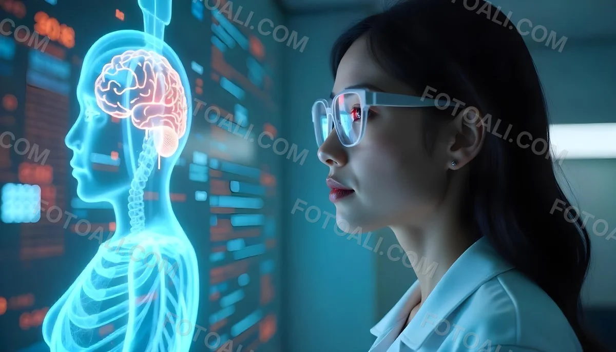 An Asian Woman 28 Years Old Black Hair Wearing Futuristic Glasses Looking At A Hologram With A Human Body Dna And Brain In A Laboratory 2 9fe6