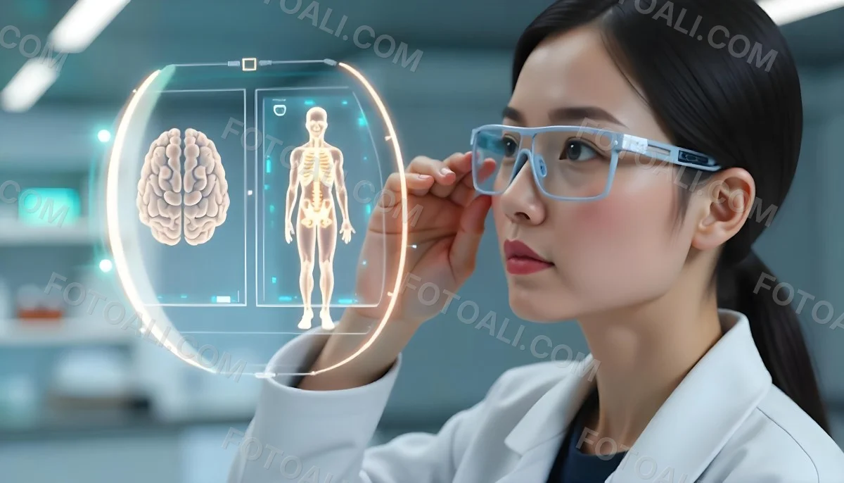 An Asian Woman 28 Years Old Black Hair Wearing Futuristic Glasses Looking At A Hologram With A Human Body Dna And Brain In A Laboratory 5 5bb2