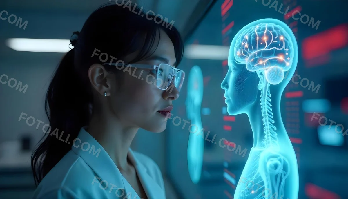 An Asian Woman 28 Years Old Black Hair Wearing Futuristic Glasses Looking At A Hologram With A Human Body Dna And Brain In A Laboratory 6 76e8